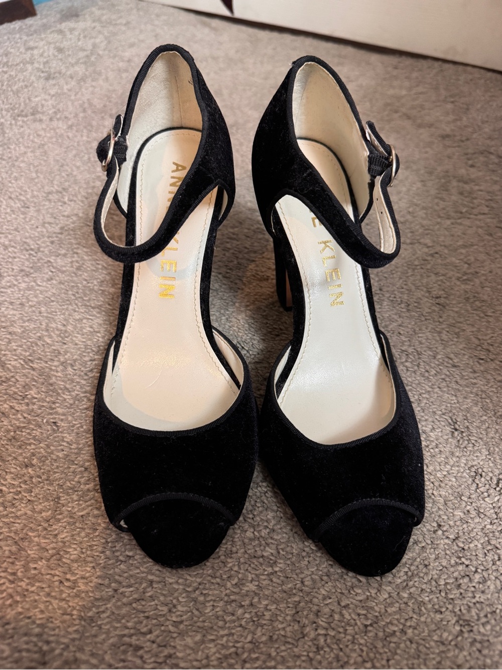 Anne Klein Black Suede Peep-Toe Ankle Strap Heels